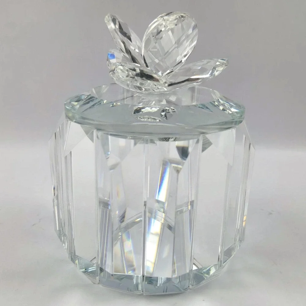 Faceted Crystal Glass Panel Trinket Jar with Lid‎ Prismatic Vanity Decor